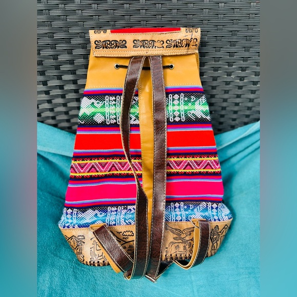Peruvian Handmade Leather Backpack with Sewn stitching - Picture 3 of 10